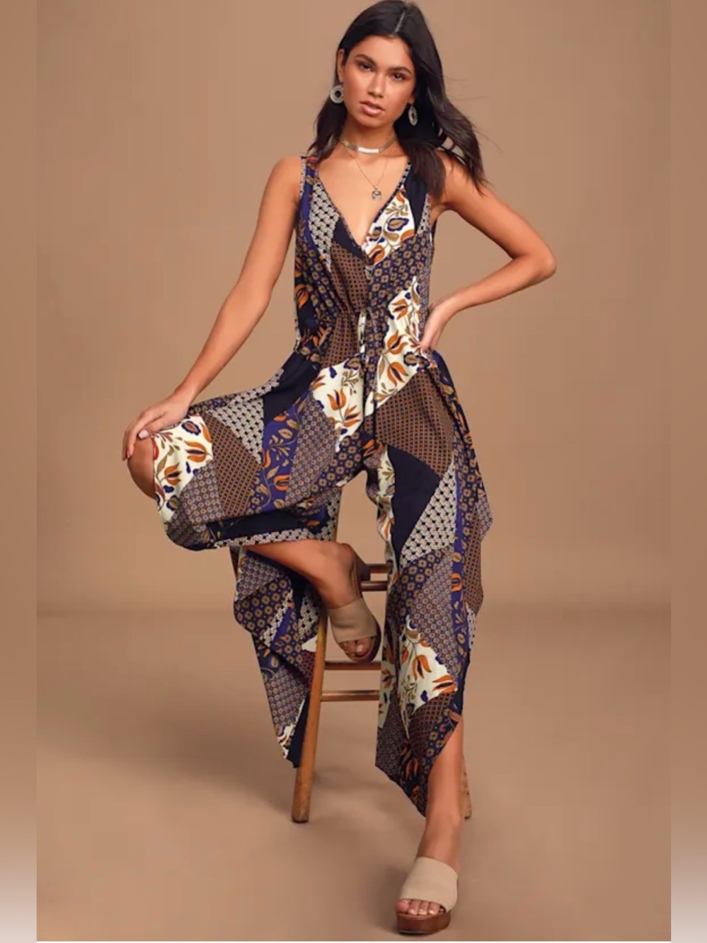 Lulus Bon Voyage Navy Blue Mixed Print Wide-Leg Jumpsuit